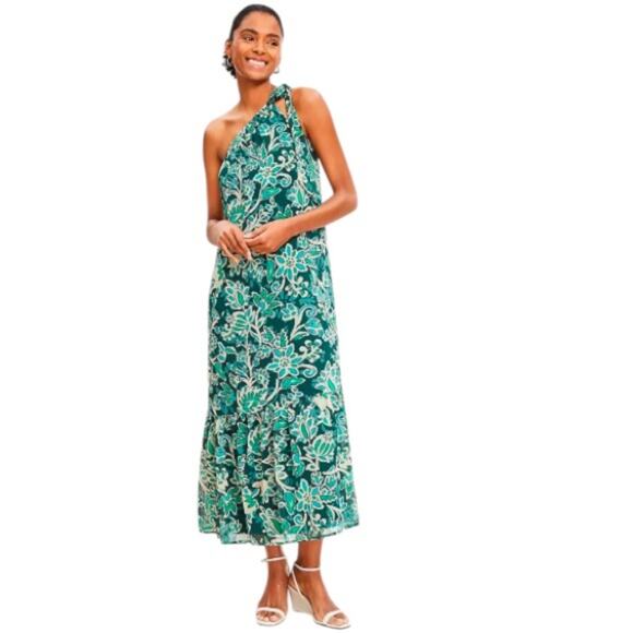 NWT Loft Floral Crinkle Flounce One Shoulder Maxi Dress Sz XL - Picture 1 of 9